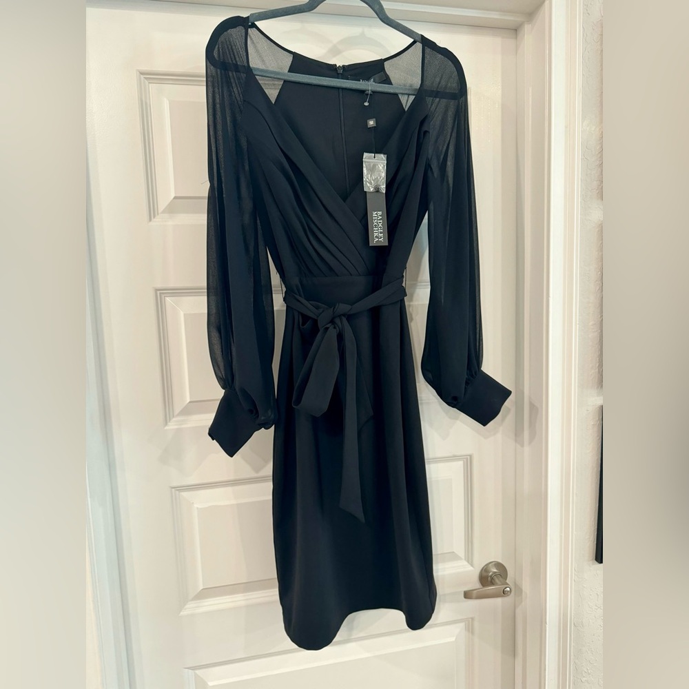 NWT badgley mischka black sheer long sleeve dress size 6